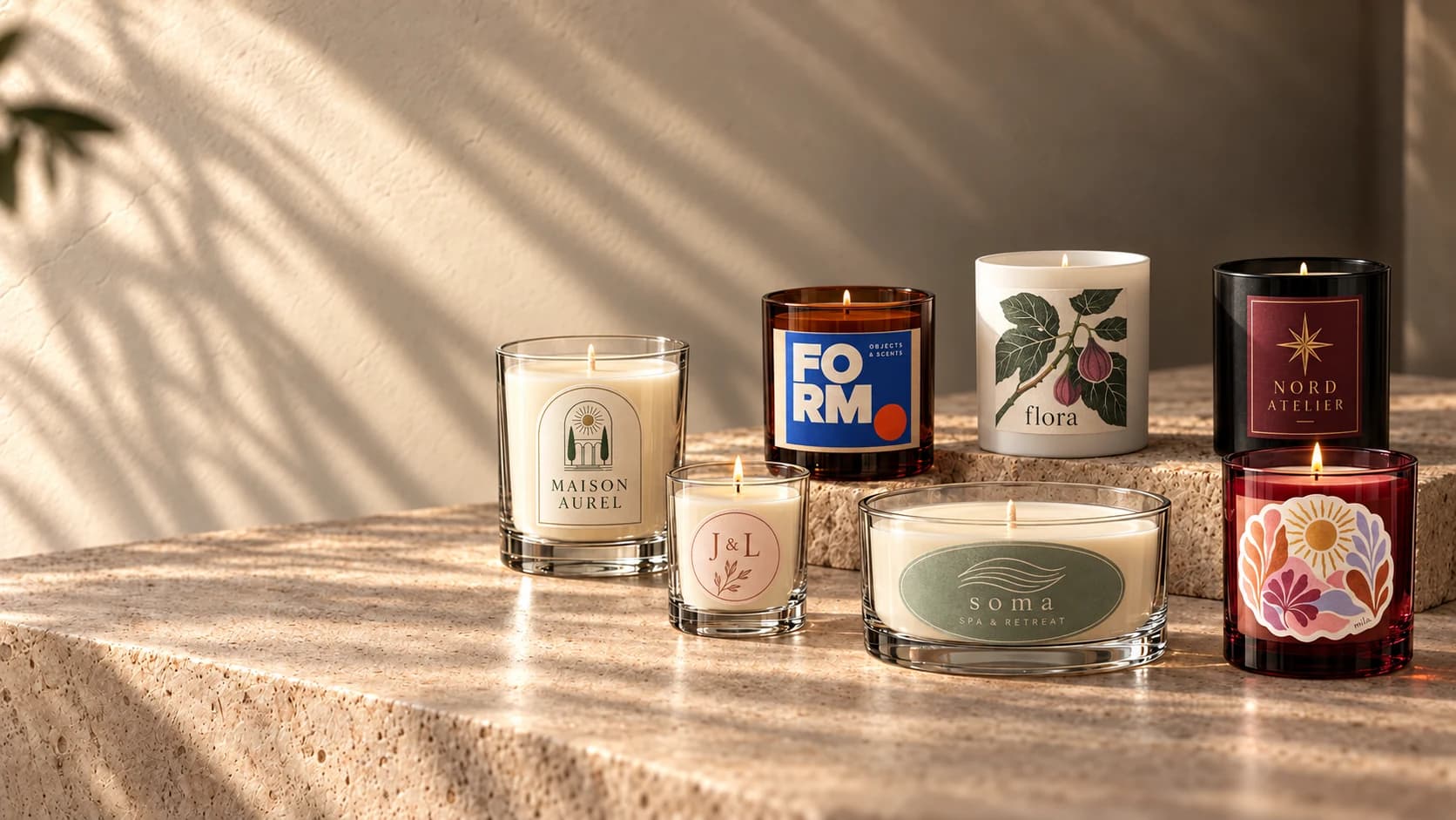 Sieben Kerzen aus unserem Sortiment auf Naturstein im weichen Sonnenlicht: unterschiedliche Logos fiktiver Hotels und Concept Stores sowie rein bildliche Etiketten