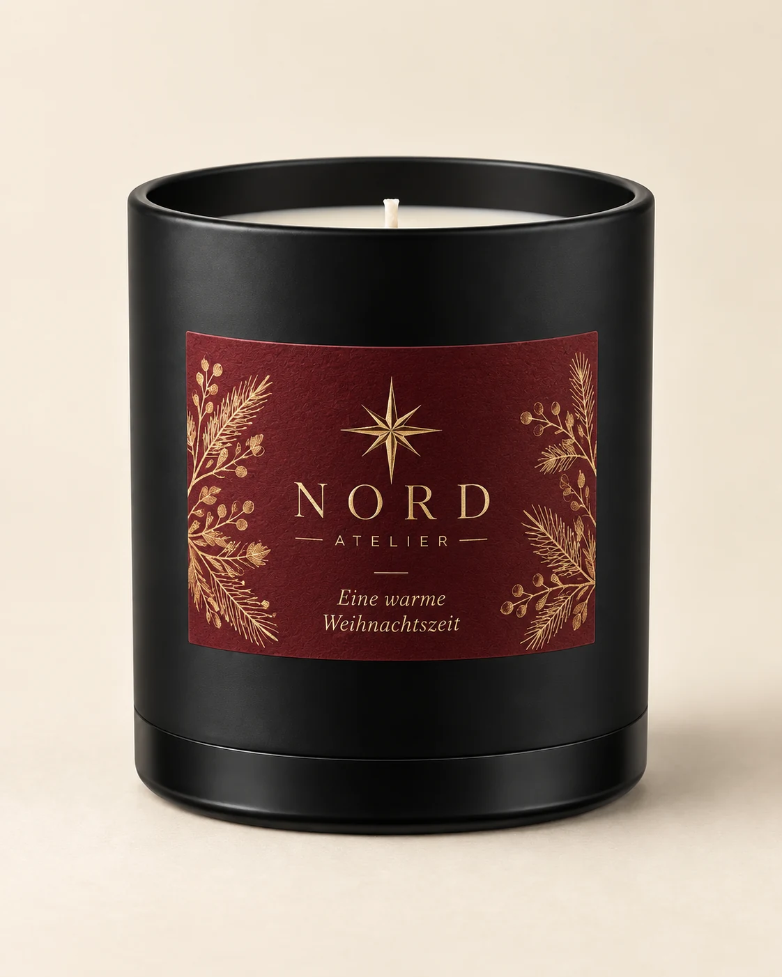 Gestaltungsbeispiel Weihnachtsgeschenke: Kerze im Glas 30 cl Ebony · Mattschwarz, mit KI visualisiert